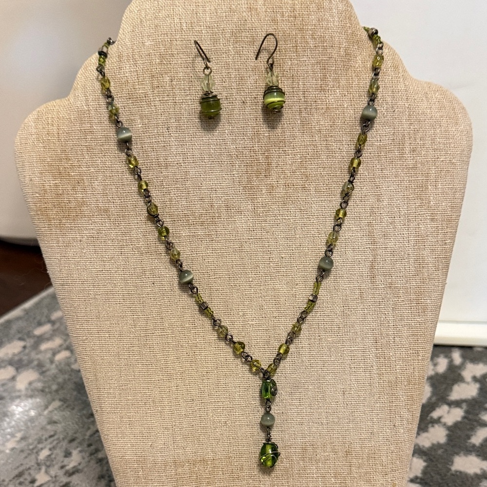 Handcrafted Olive Green Beaded Necklace & Earring Set